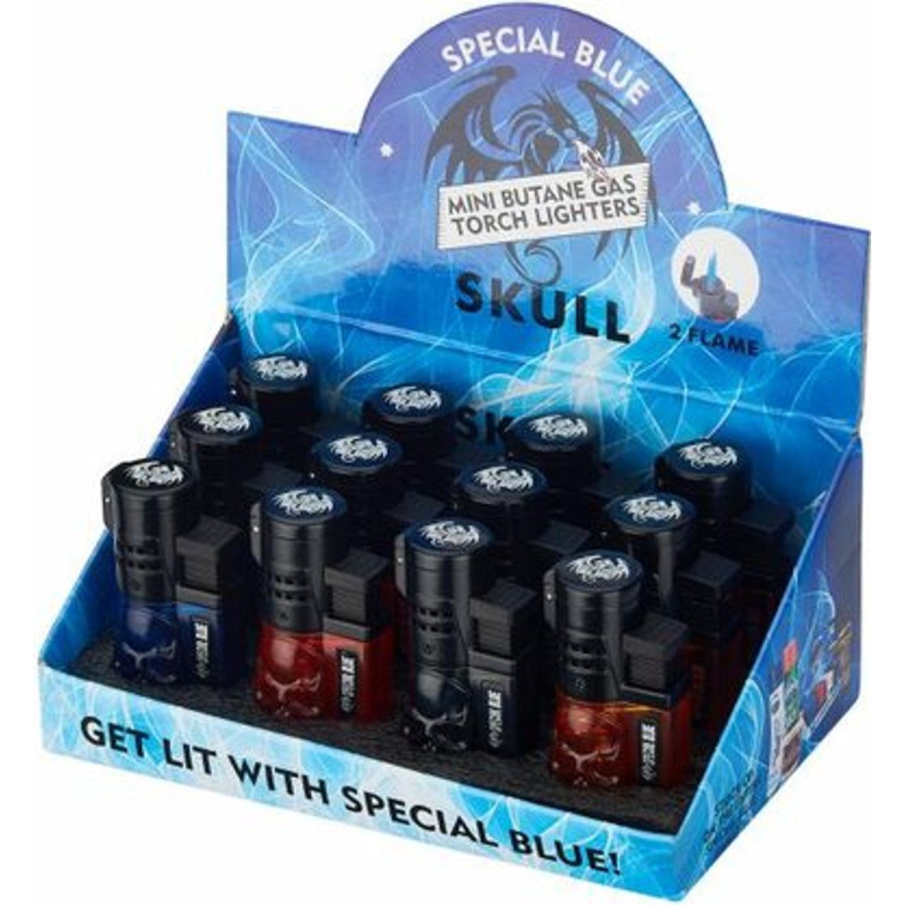 Special Blue Skull Double Flame Lighters - 12ct