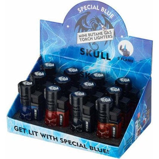 Special Blue Skull Double Flame Lighters - 12ct