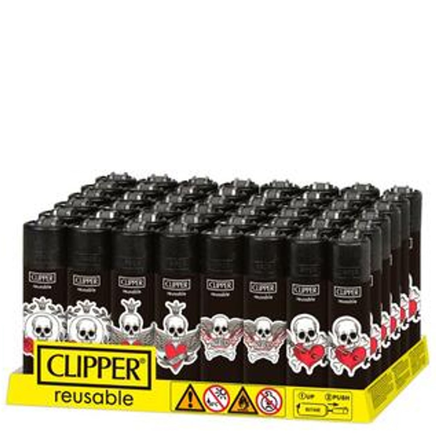 Clipper Black & White Skull Lighters - 48ct