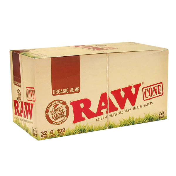 Raw Organic Natural Unrefined Hemp Pre-Rolled Cones 1 1/4 Size, 32Case